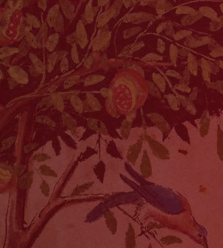 Illustration sur fond rouge, d’un arbre et fruits rouges avec un oiseau perché sur une branche