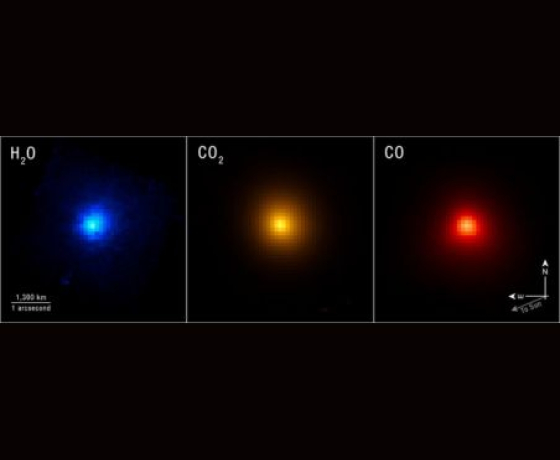 Comparaison de trois images de la comète interstellaire 3I/ATLAS prises au télescope. Elles sont de forme approximativement sphérique mais pixélisées, avec une saturation des couleurs plus intense au centre. De gauche à droite : la plus petite sphère est bleue et porte la mention "H₂O", celle de couleur orange est plus grande et porte la mention "CO₂", et la plus grande, de couleur rouge, porte la mention "CO". 