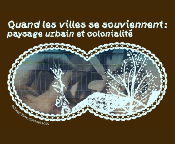Affiche de projet intitulée « Quand les villes se souviennent : paysage urbain et colonialité », avec une composition mêlant photographie urbaine et illustrations végétales blanches sur fond brun