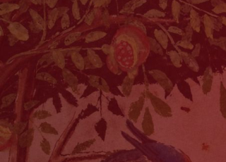 Illustration sur fond rouge, d’un arbre et fruits rouges avec un oiseau perché sur une branche