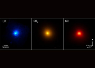Comparaison de trois images de la comète interstellaire 3I/ATLAS prises au télescope. Elles sont de forme approximativement sphérique mais pixélisées, avec une saturation des couleurs plus intense au centre. De gauche à droite : la plus petite sphère est bleue et porte la mention "H₂O", celle de couleur orange est plus grande et porte la mention "CO₂", et la plus grande, de couleur rouge, porte la mention "CO". 