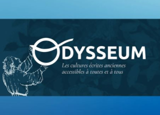 "les cultures écrites anciennes accessibles à toutes et à tous" ecrit en blanc sur un fond abstrait bleu